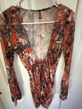 Women's Rust Floral Long-Sleeve V-Neck Ruched Cover-Up